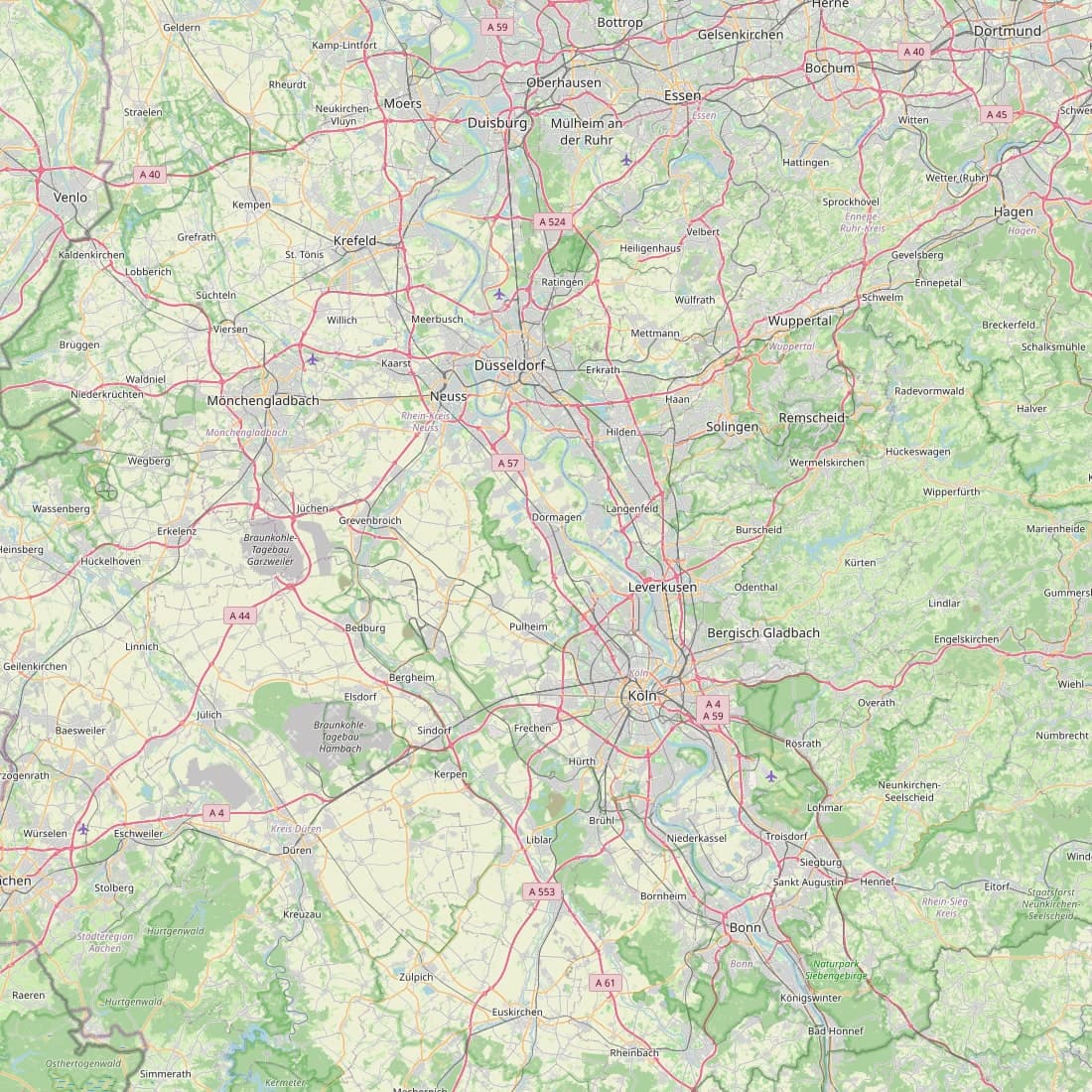 Karte mit dem Einsatzgebiet: 40 Kilometer Umkreis um die Mitte zwischen Neuss und Köln